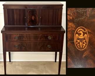 Gorgeous Vintage Mahogany Tambour Writing Desk with Inlaid Eagle 
