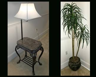 Marble Top Table Lamp and Faux Palm in Nice Planter