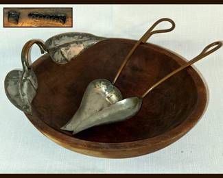 Fabulous Wooden Serving Bowl and Serving Utensils in Mixed Metals with Calla Lily Motif; Signed