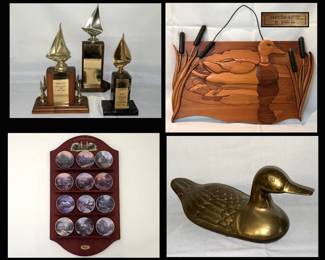 Vintage Sailing Trophies, Hand Made Duck Plaque Signed, Thomas Kinkade Small Plates and Brass Duck 