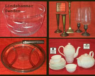 Linshammer Sweden Bowl, Sterling Based Candle Holders, Sterling Rimmed Divided Serving Platter and Coalport and Wedgwood Tea Set 