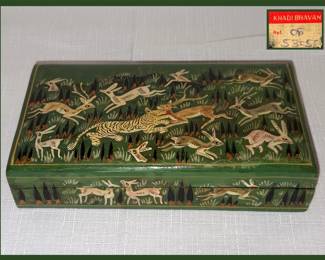 Kashmiri hand-painted folk art papier-mâché lacquered trinket box with Tiger Hunt Motif.