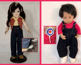 Vintage Cowgirl Doll with Spurs and Sasha Doll with Tag; Comes with Original Wicker Bed