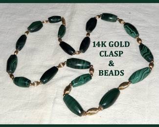 14K Gold Clasp and Beads and Malachite Necklace