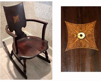 Lovely Little Rocking Chair with Inlaid Mother of Pearl; There is a Crack in one arm; seems easily repairable 