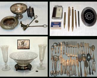 Sterling Compote, Bird Tongs, Musical Cigarette Lighter, Sterling Mounted Glass Bowl and Silver Plated Flatware 