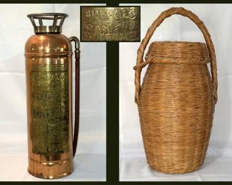 Antique Buffalo Fire Extinguisher and Tall Lidded Basket
