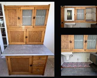 Antique Hoosier Style Cabinet with Flour Sifter, Frosted Glass Cabinets, Built In Metal Bins and Aluminum Drawer