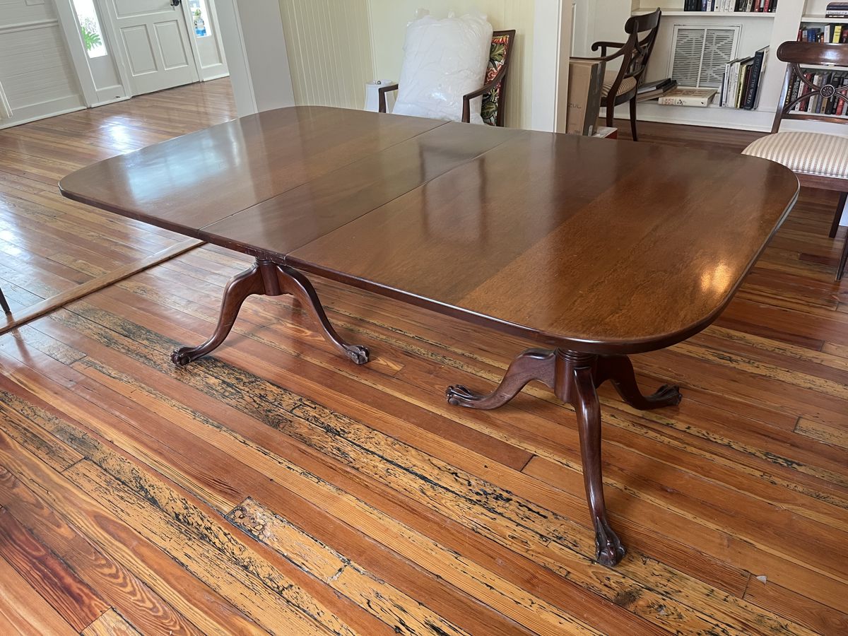 $300 1940s Chippendale-Style Double Pedestal Dining Table; one 12" leaf; overall approx. 29" x 78" x 44"