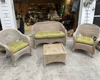 $250 Vintage rattan outdoor set- love seat, pair of chairs and ottoman; love seat approx. 52" L.