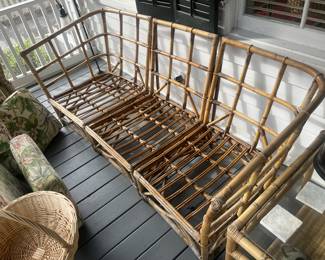 $275 Mid-century rattan sofa, table & stool; sofa approx. 76", table 27" x 28" x 22"