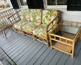 $275 Mid-century rattan sofa, table & stool; sofa approx. 76", table 27" x 28" x 22"