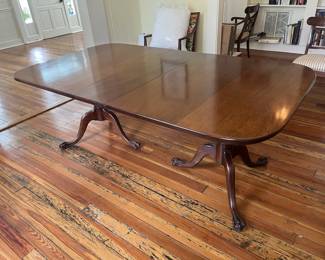 $300 1940s Chippendale-Style Double Pedestal Dining Table; one 12" leaf; overall approx. 29" x 78" x 44"