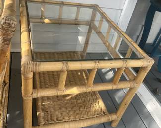 $275 Mid-century rattan sofa, table & stool; sofa approx. 76", table 27" x 28" x 22"