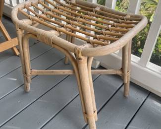 $275 Mid-century rattan sofa, table & stool; sofa approx. 76", table 27" x 28" x 22"