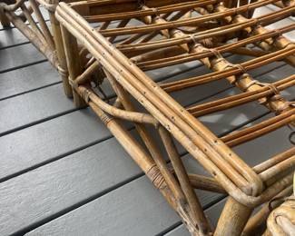 $275 Mid-century rattan sofa, table & stool; sofa approx. 76", table 27" x 28" x 22"