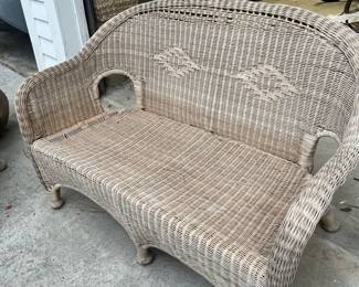 $250 Vintage rattan outdoor set- love seat, pair of chairs and ottoman; love seat approx. 52" L.