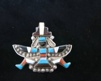 Old Pawn Zuni Knifewing Inlay Brooch Signed Lamy 