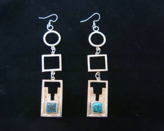 Tracy Snyder Navajo Silver and Kingman Turquoise Geometric Dangle Earrings