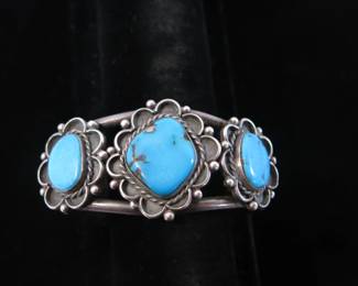 Vintage Navajo Sterling Silver Three-Stone Turquoise Cuff Bracelet
