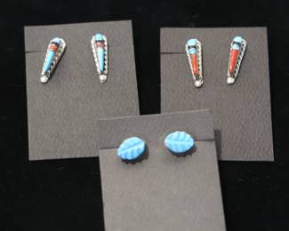Zuni Silver and Turquoise Inlay Half Moon Earrings