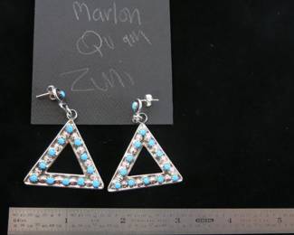 Marlon Quam Zuni Triangle Sterling Silver and Turquoise Petit Point Earrings