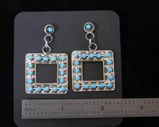 Marlon Quam Zuni Square Sterling Silver and Turquoise Petit Point Earrings