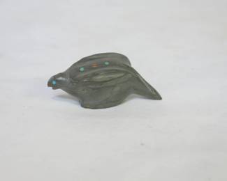 Freddie Leekya Carved Grey Travertine Hawk Fetish with Turquoise and Coral
