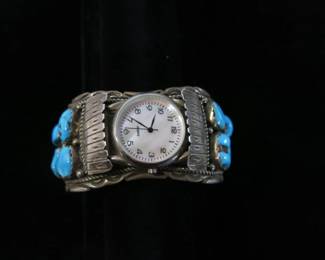 Old Pawn Navajo Sleeping Beauty Turquoise and Silver Watch Cuff Bracelet