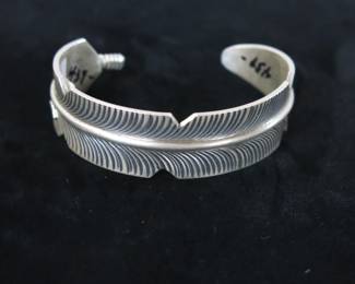 Vintage Chris Charley Navajo Silver Feather Cuff Bracelet