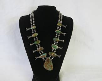 Old Pawn Navajo Royston Turquoise and Silver Squash Blossom Necklace