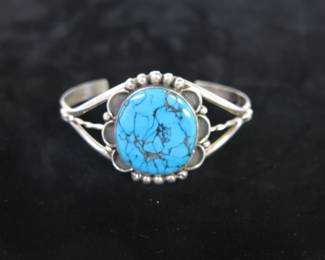 Navajo Sterling Cuff Bracelet with Hubei Turquoise Cabochon