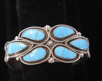 Susie Lowsayatee Zuni Turquoise Channel Inlay Silver Cuff Bracelet