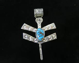 Billy Jaramillo Sterling Silver and Turquoise Cabochon Dragonfly Pendant