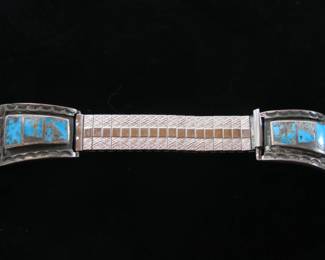 Old Pawn Zuni Silver Six Stone Turquoise Inlay Watch Band 