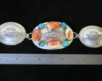 Vintage Sterling Silver Spiny Oyster and Turquoise Belt Buckle