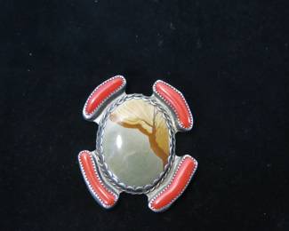 Navajo Silver Jasper and Coral Pendant Signed ELF 