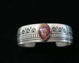 Charlie John Spiny Oyster Teardrop Cabochon Silver Cuff Bracelet