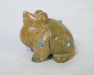 E.L. Zuni Carved Brown Travertine Frog Fetish with Turquoise