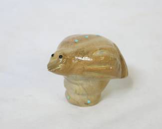 Freddie Leekya Carved Brown Travertine Bird Fetish with Turquoise and Jet