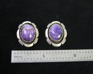 L.M. Nez Sterling Silver and Charoite Clip Earrings
