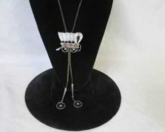 Vintage Joe Zunie Zuni Channel Inlay Covered Wagon Bolo Slide