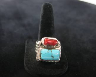 Vintage 20th C. Navajo Silver Turquoise Coral Ring