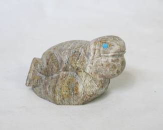 Zuni Carved Travertine Frog Fetish with Turquoise Eyes