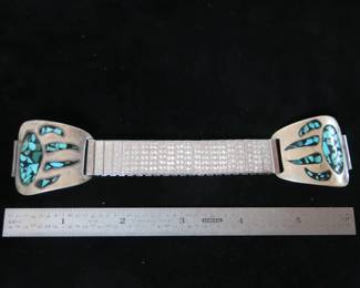 Navajo Bear Track Silver and Turquoise Inlay Watch Band