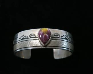 Charlie John Spiny Oyster Teardrop Cabochon Silver Cuff Bracelet