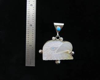 Zuni Mother of Pearl and Turquoise Inlay Silver Eagle Pendant