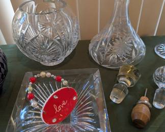 Waterford candy dish, crystal decanters
