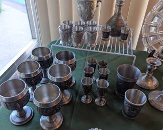 Pewter goblets and pitcher