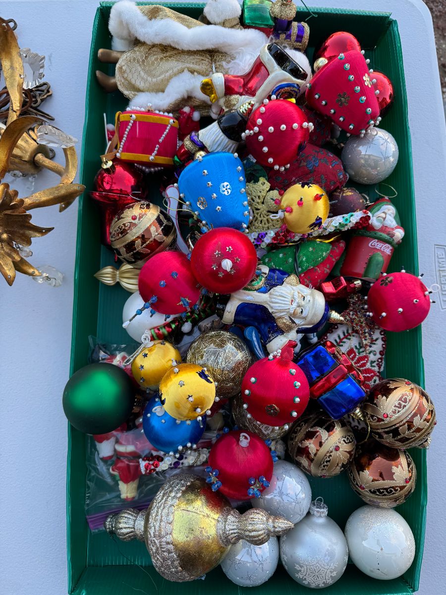 Vintage ornaments. Glass, push pin, spun silk, etc 